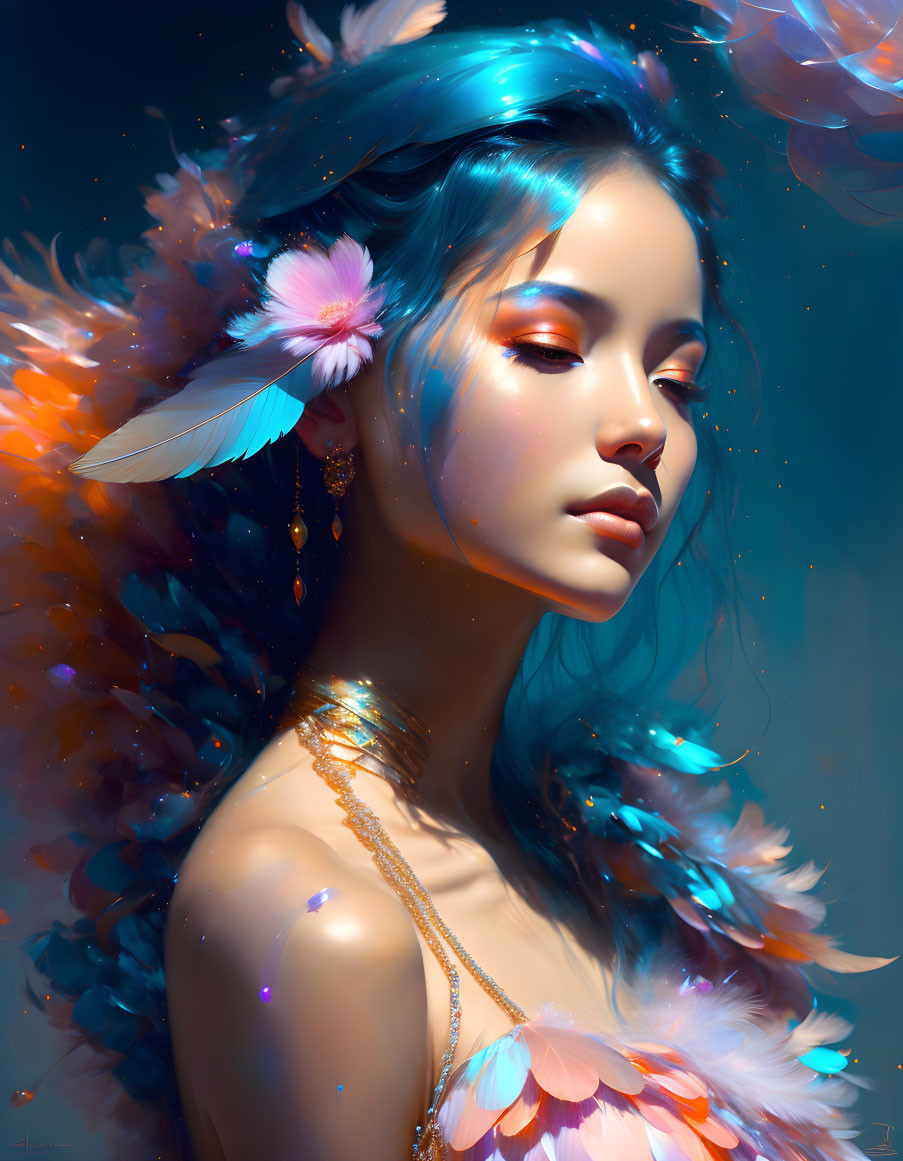 Elegant woman with feather accents and glowing light.