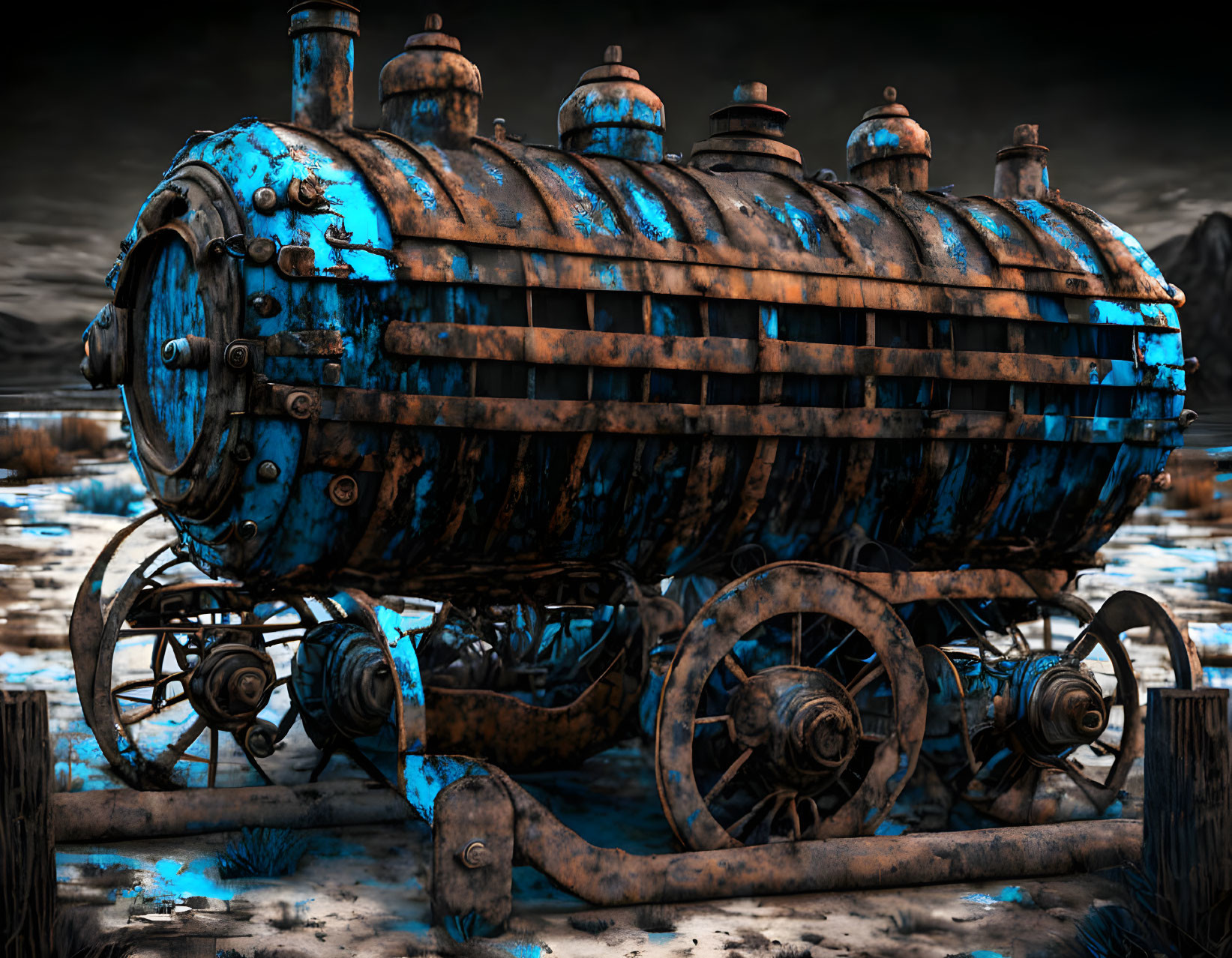 Vintage Rusty Blue Steam Locomotive in Barren Landscape