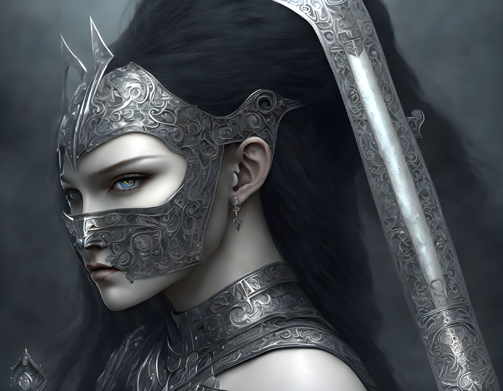 Digital artwork of a woman in silver mask and armor with sword