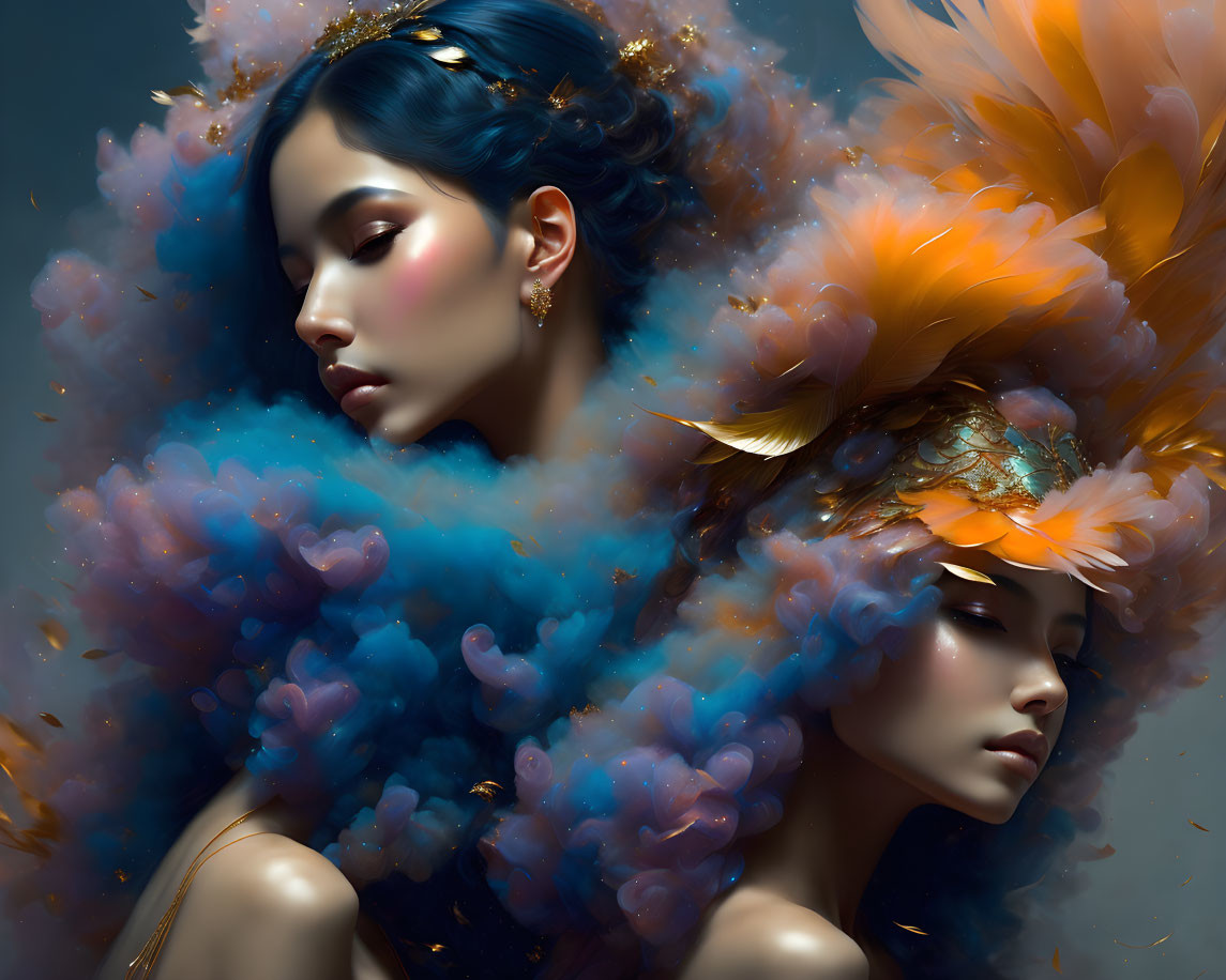 Vibrant portrait of two women with colorful clouds and feathers in their hair