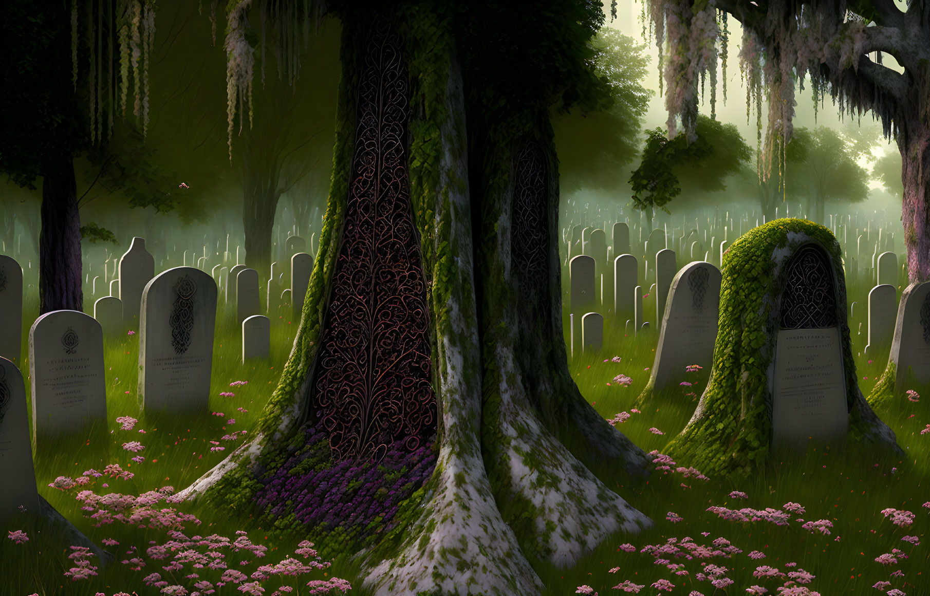 Mystical forest graveyard with tombstones, foliage, flowers, and intricate tree patterns