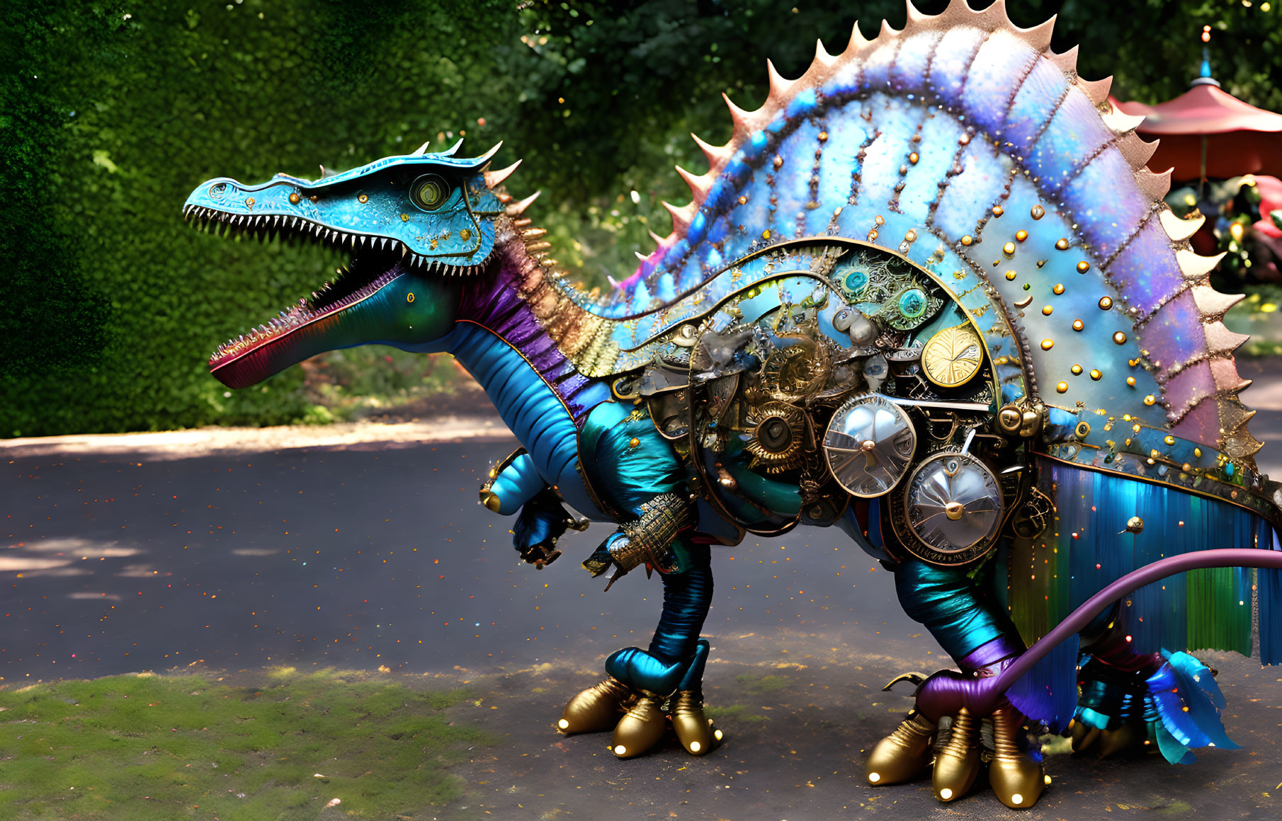 Colorful Mechanical Dinosaur with Clockwork Design in Greenery