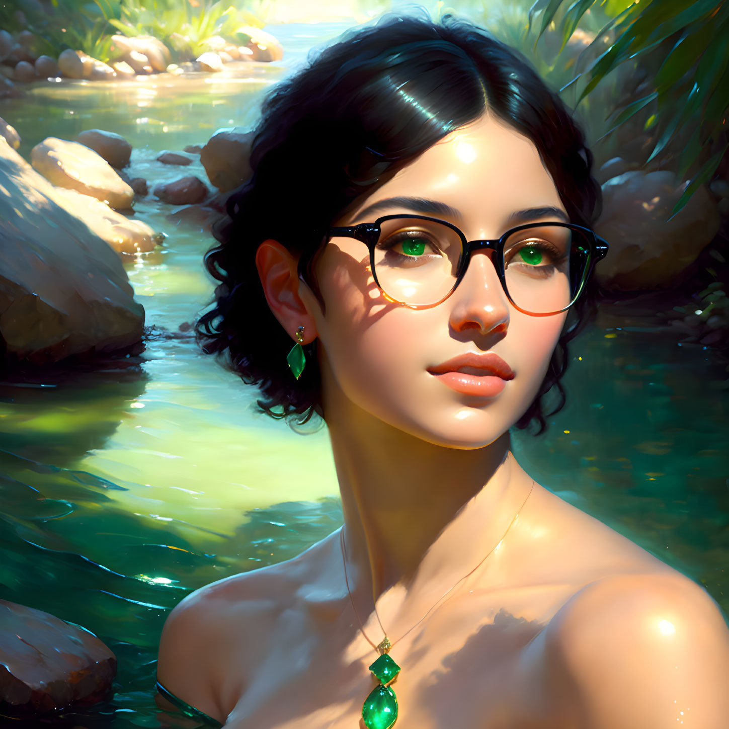 Portrait of woman with glasses, short dark hair, green jewelry, lush backdrop with water and foliage.