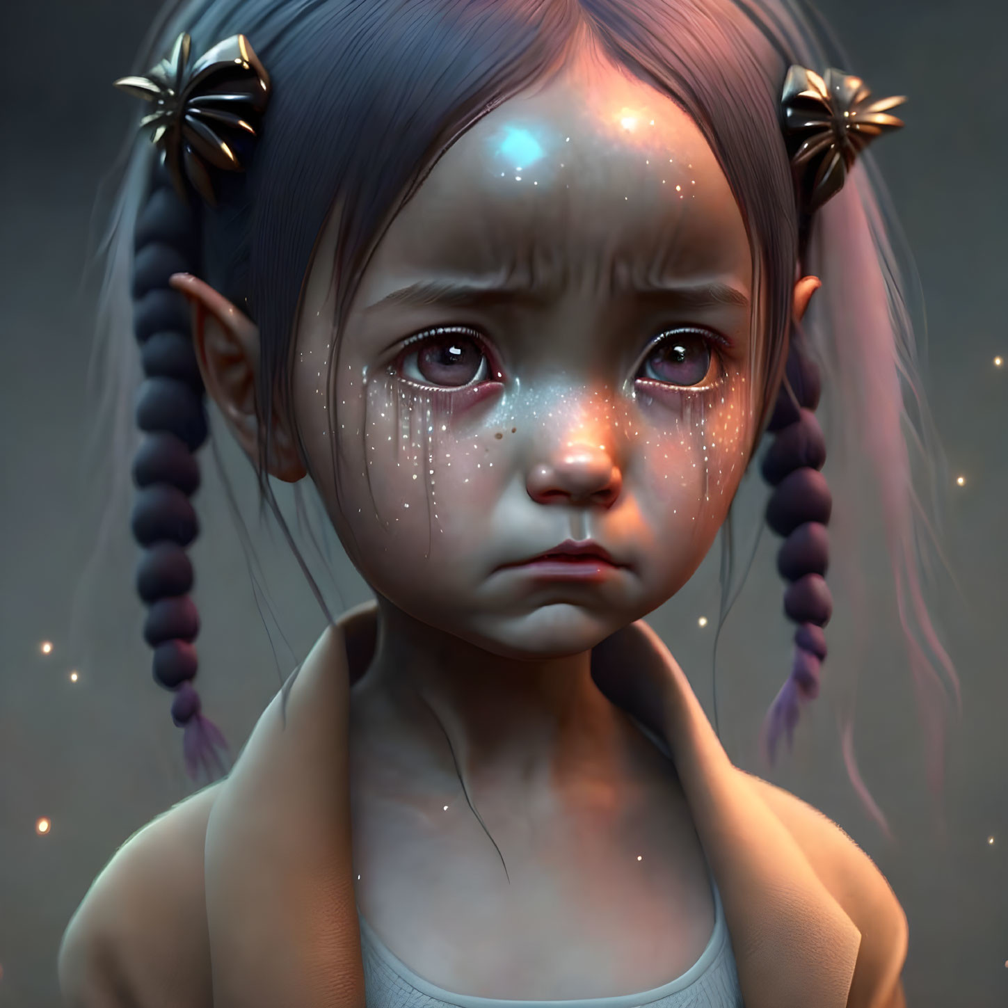 Digital art portrait of young girl with braided hair and sparkling teardrops