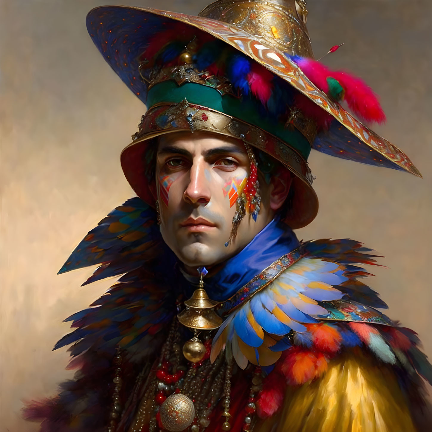 Colorful Feathers and Military Uniform with Blue and Gold Details