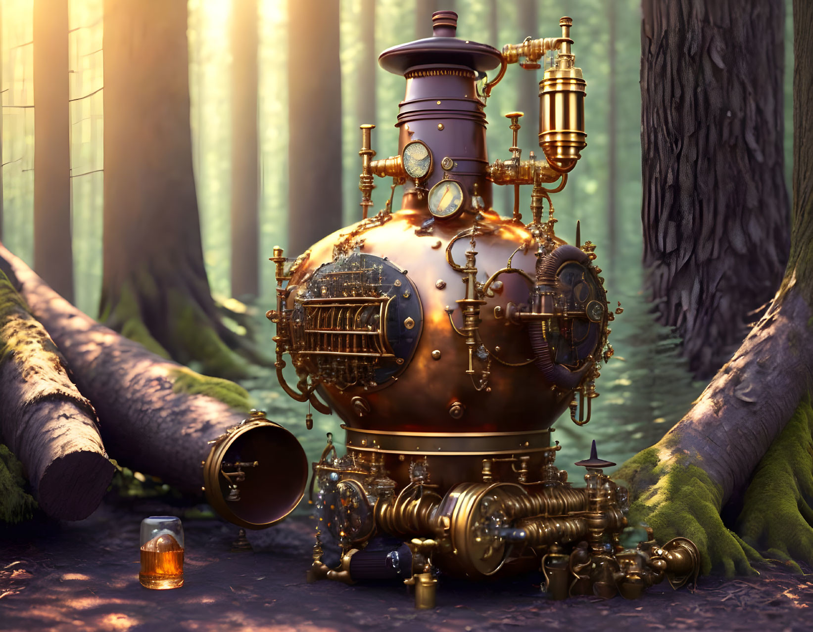 Steampunk apparatus with brass pipes in mystical forest.