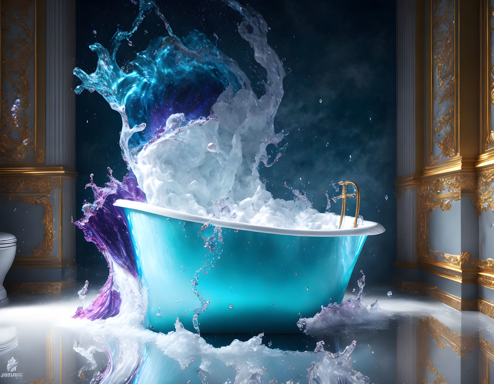 Surreal Scene: Overflowing Bathtub with Glowing Blue Water