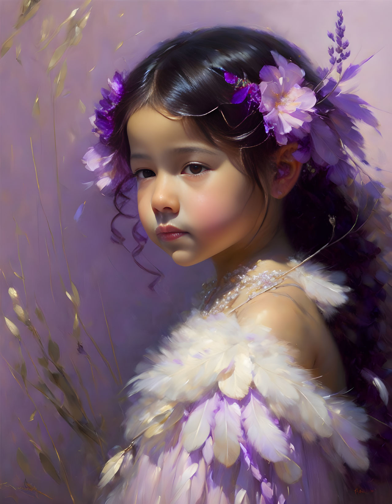 Young girl with purple flowers in hair and feathered outfit against soft purple background