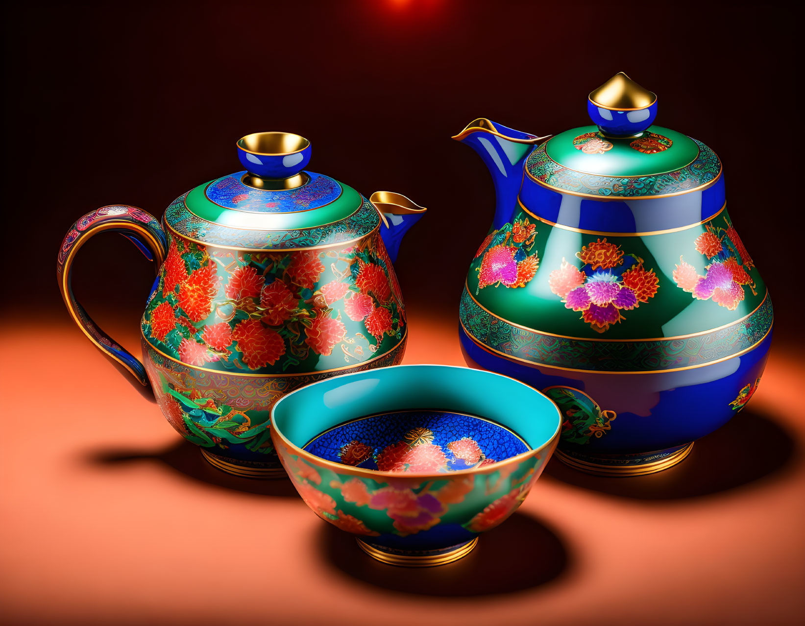 Colorful Floral Pattern Teapot, Sugar Bowl, and Cup on Blue Background