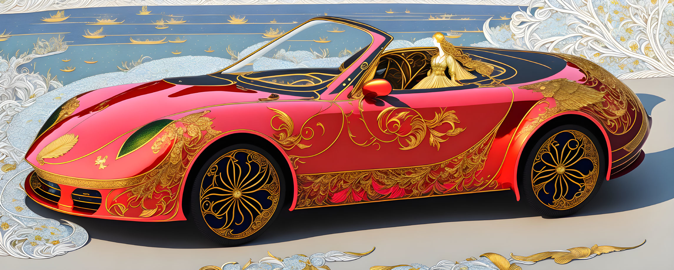 Luxurious Red Sports Car with Gold Ornate Detailing and Stylized Golden Backdrop