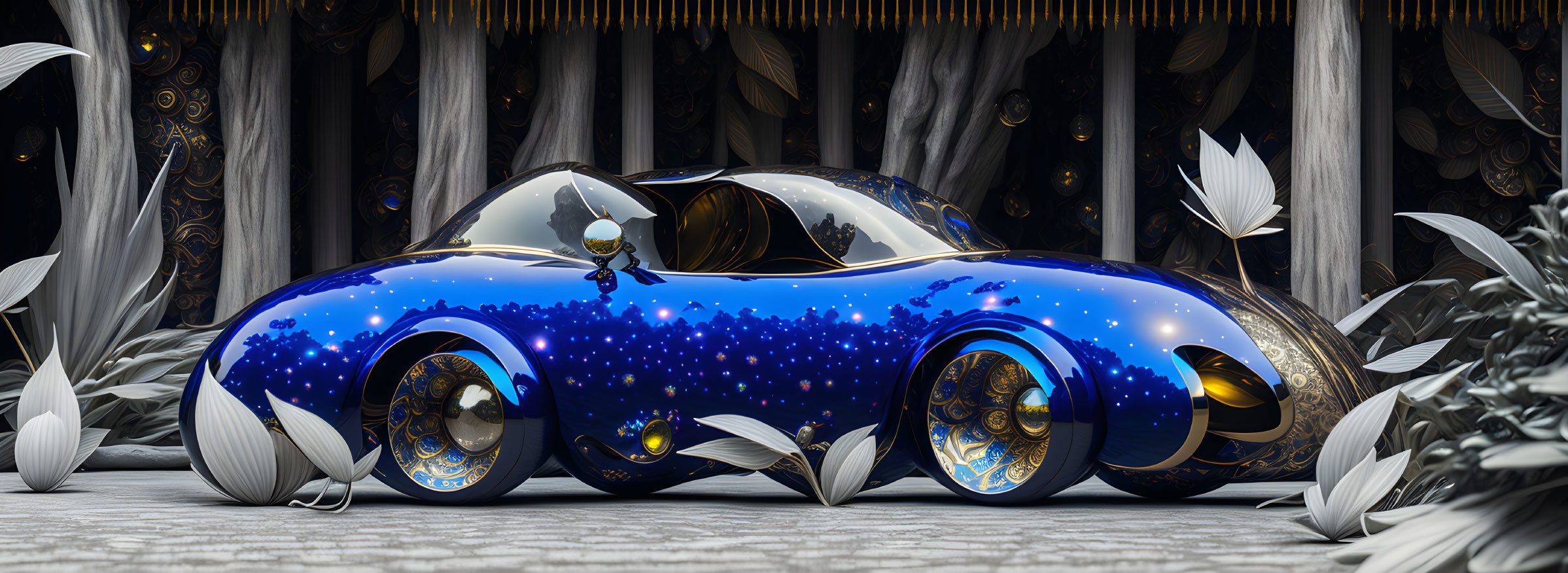 Futuristic blue car with starry paint and golden accents in futuristic setting