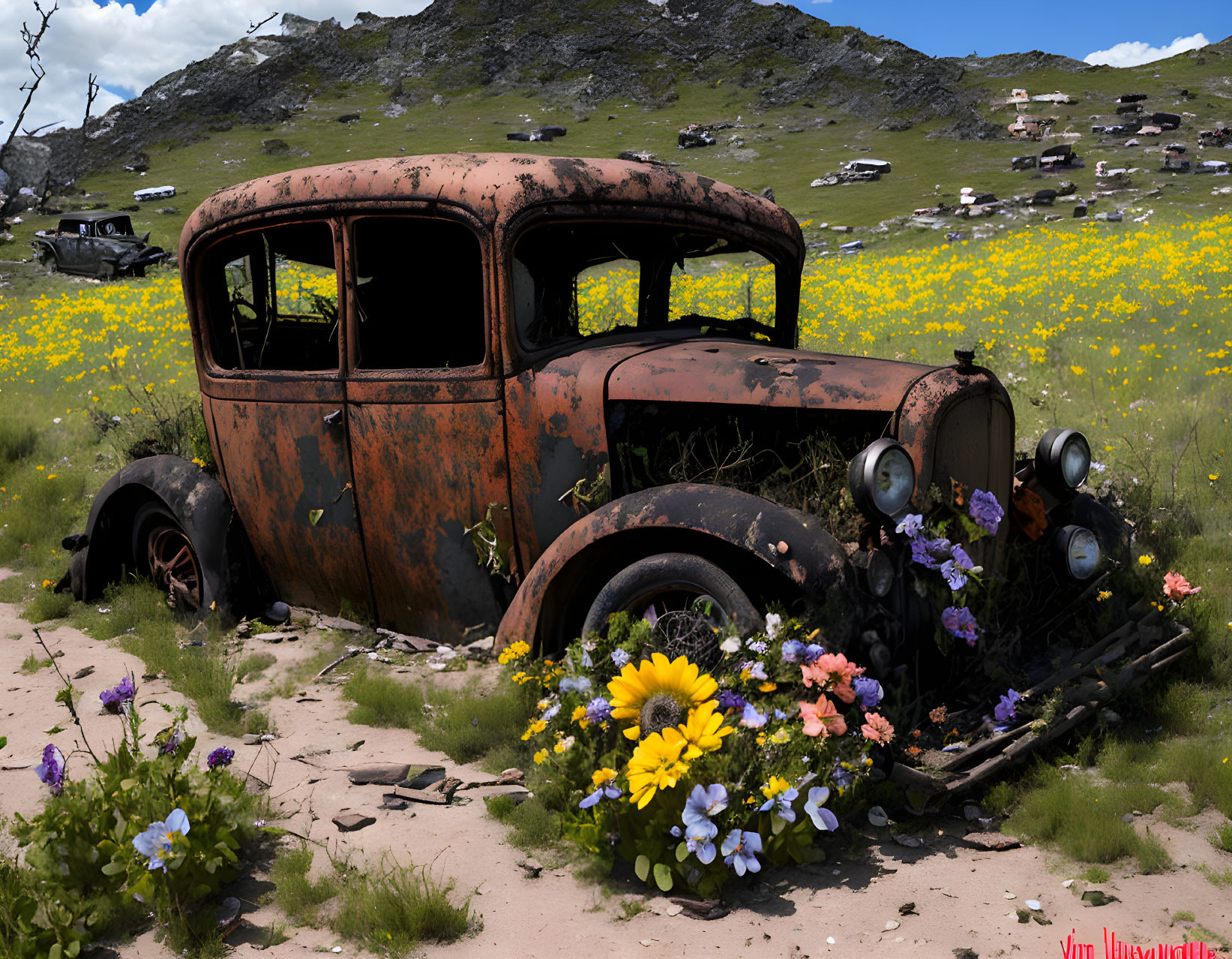 Rusted car in field with green grass and wildflowers