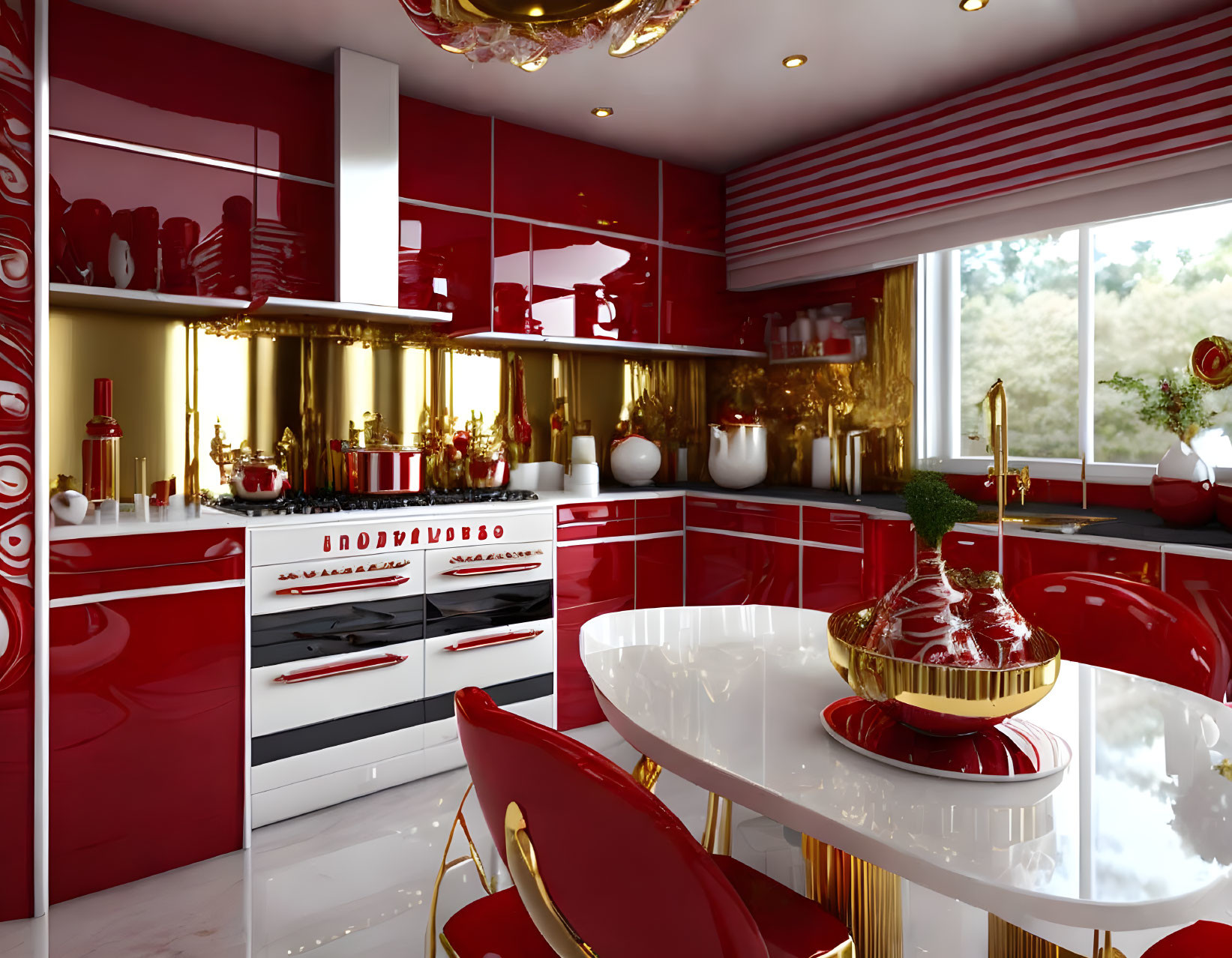 Luxurious Red and Gold-themed Kitchen with Glossy Cabinets and Modern Appliances