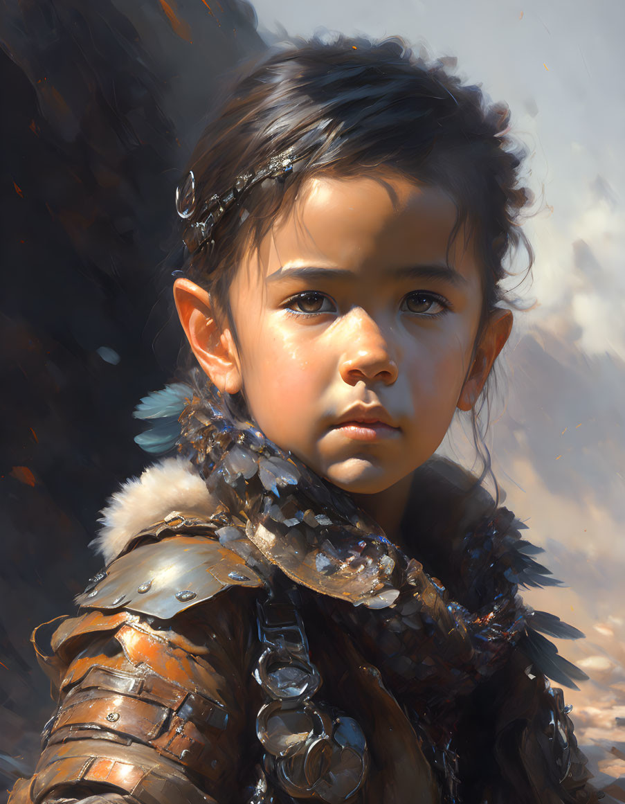 Serious young child in medieval armor portrait