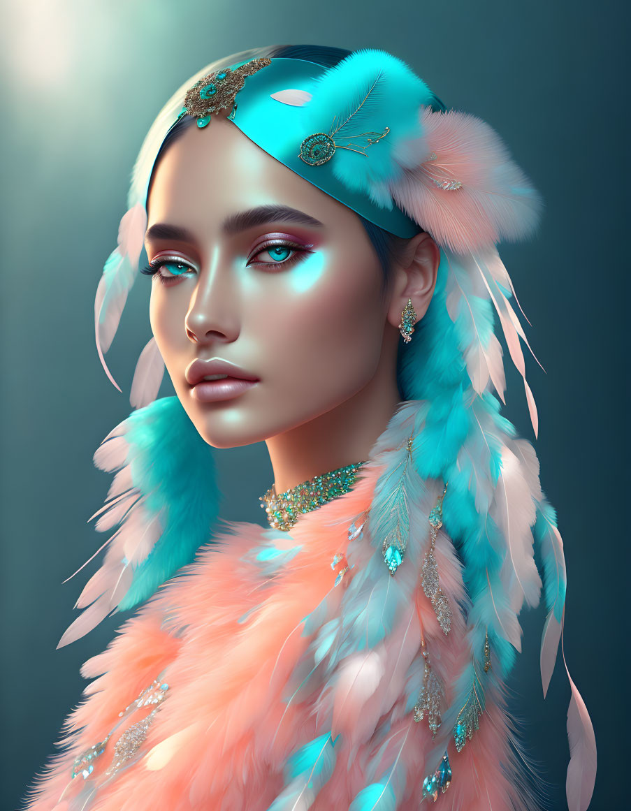 Digital artwork: Woman with turquoise & peach feather accessories, vibrant makeup, intricate headpiece, teal background