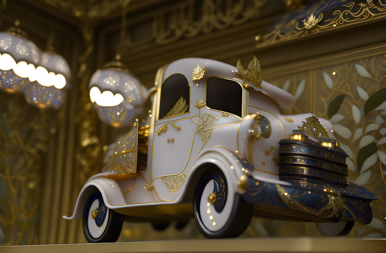 Vintage truck with gold patterns and floral details