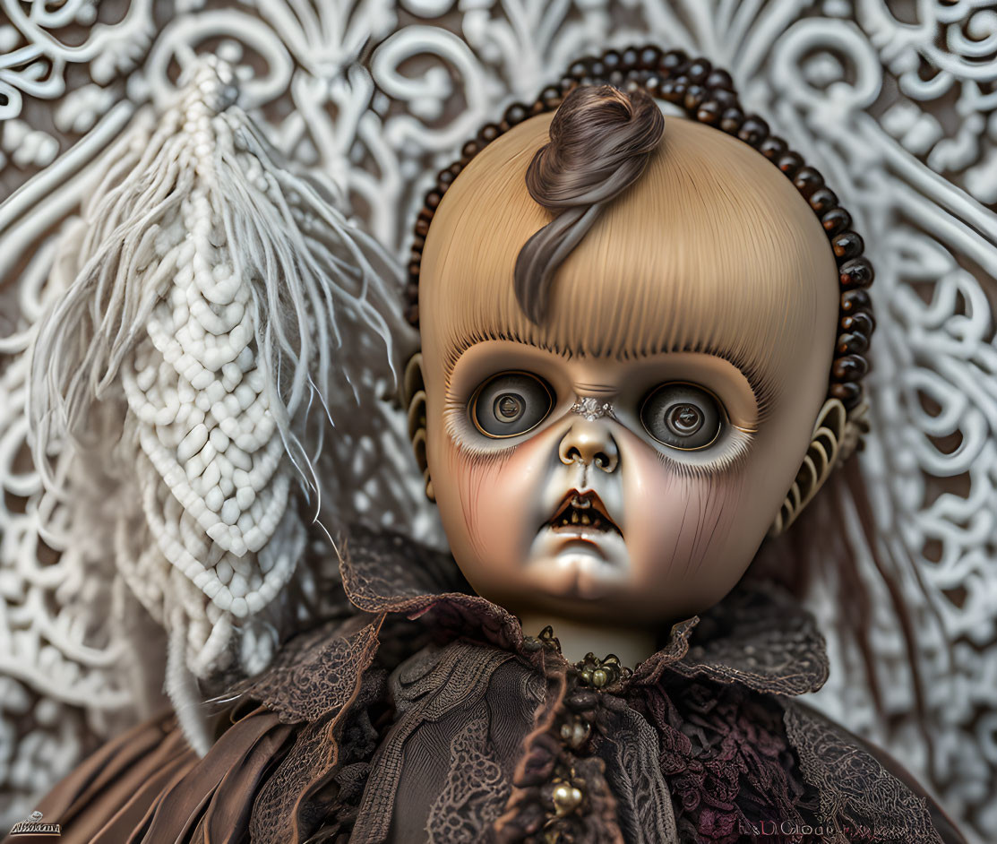 Creepy doll with large eyes and pointed teeth in Victorian-style dress