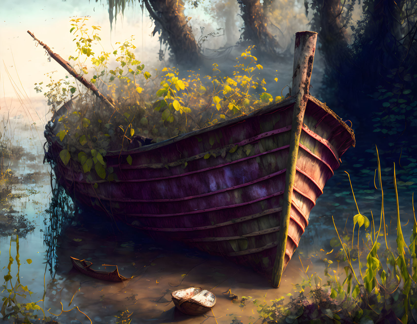 Abandoned purple boat in foggy forested waters