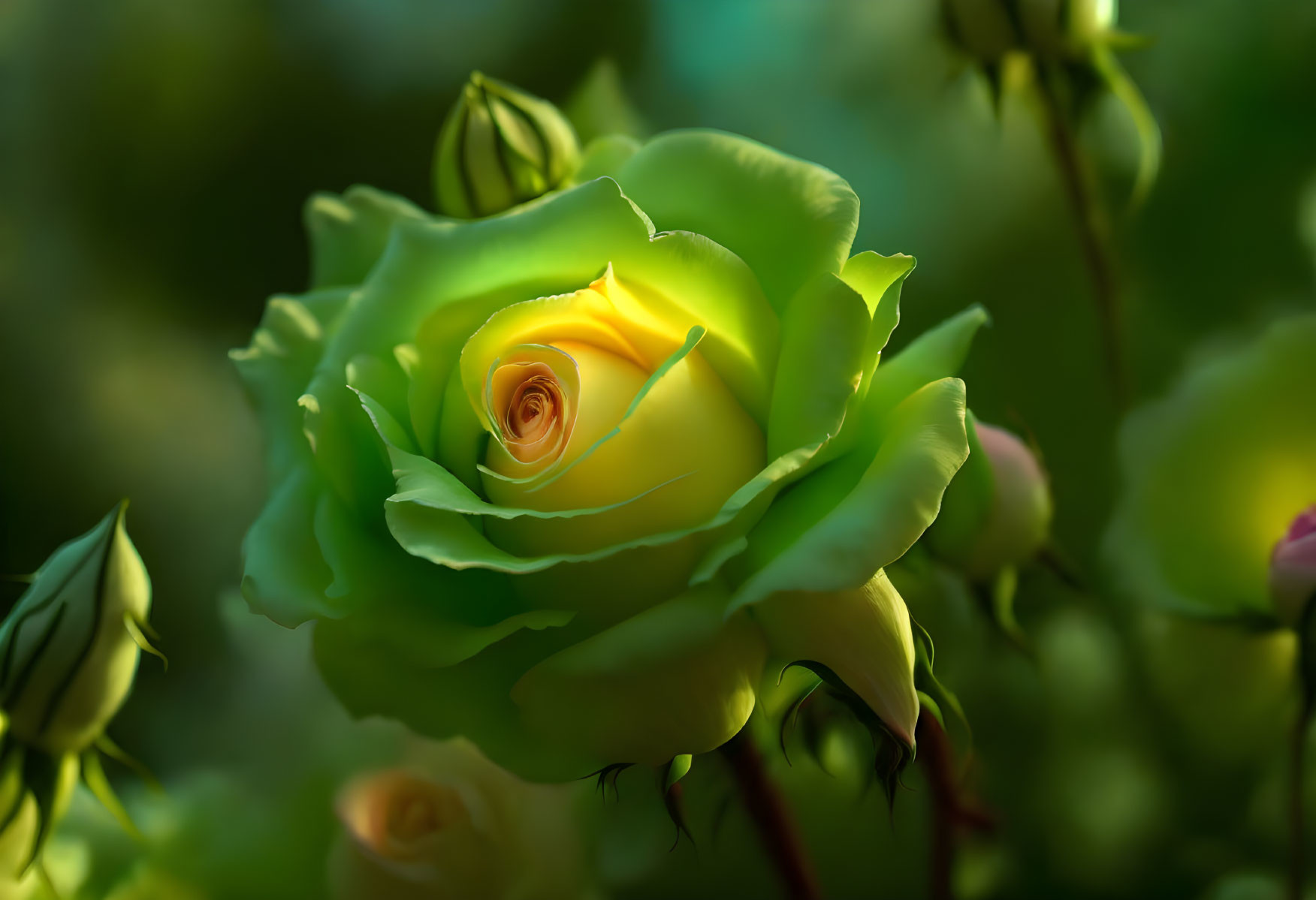 Vibrant Green Rose in Bloom with Soft Light and Buds on Blurred Green Background