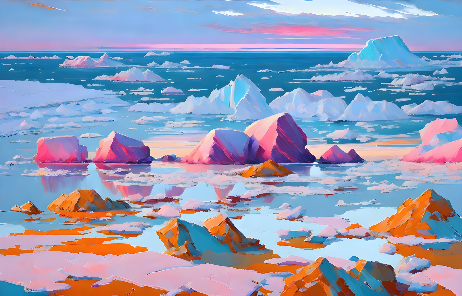 Pastel Arctic landscape with pink and blue icebergs under sunrise