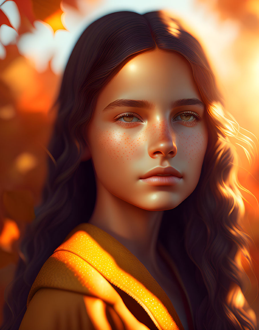 Young girl's digital portrait with wavy hair and freckles in warm sunlight against autumn backdrop