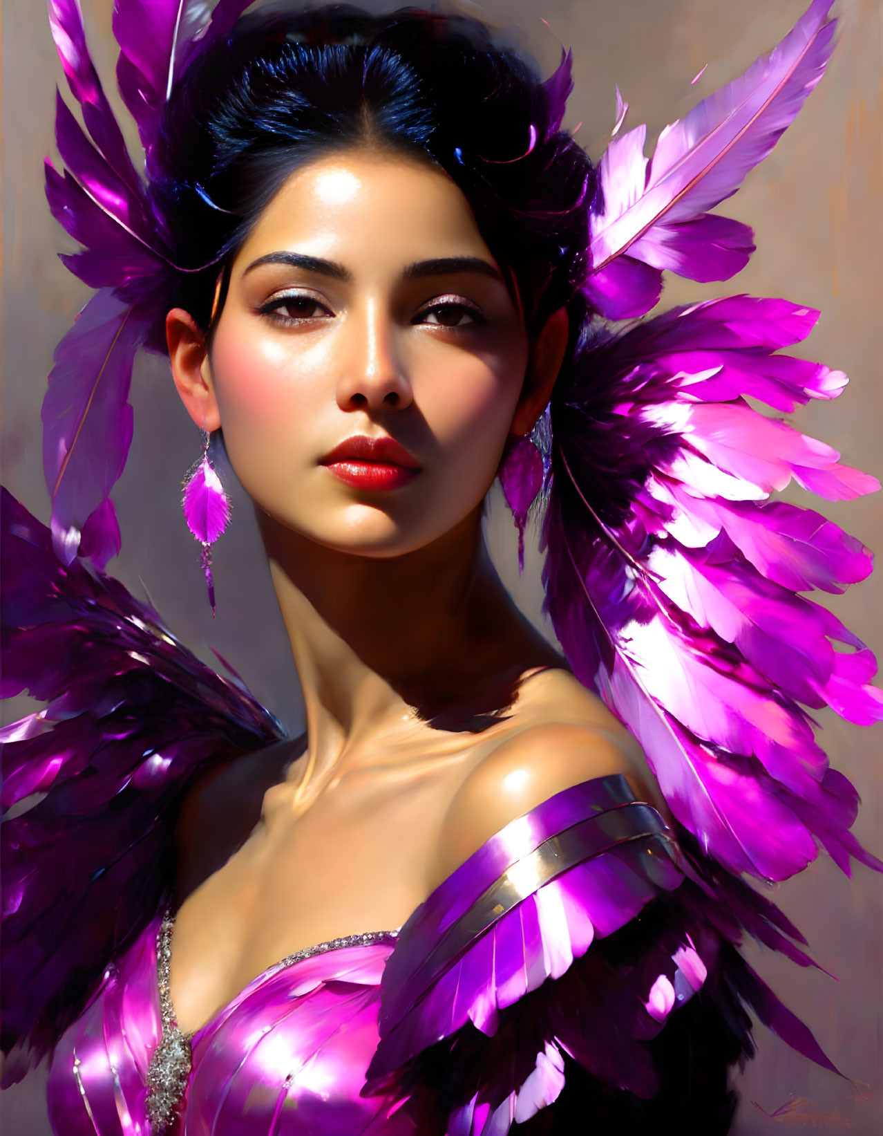 Digital portrait of a woman in purple and pink with feathered headdress - elegant and mystical portrait.