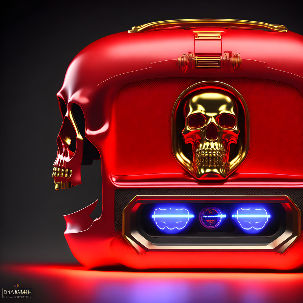 Red Glossy Skull Helmet with Gold Visor and Holographic Display on Dark Background