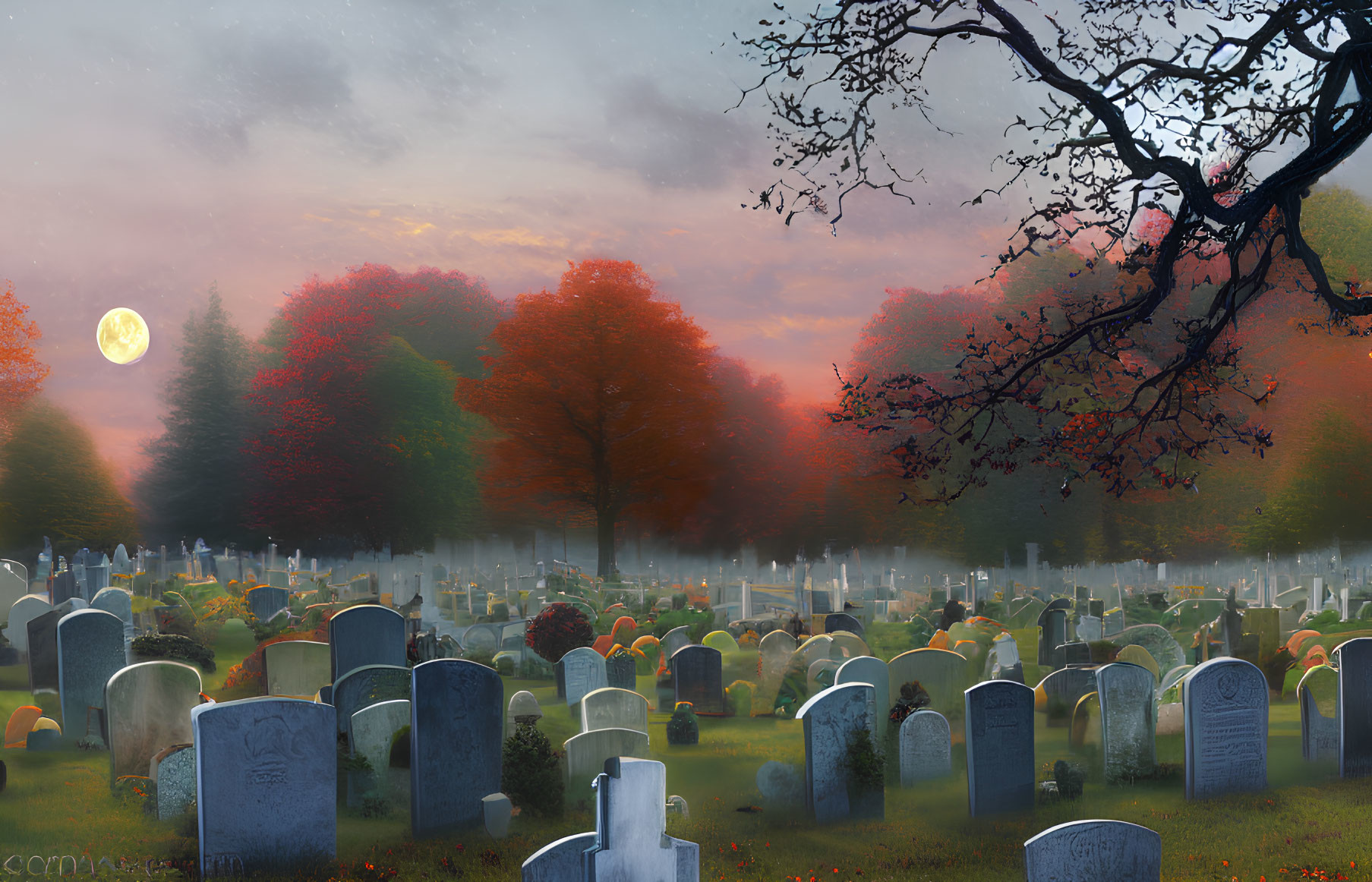 Full Moon Illuminates Autumn Cemetery at Dusk