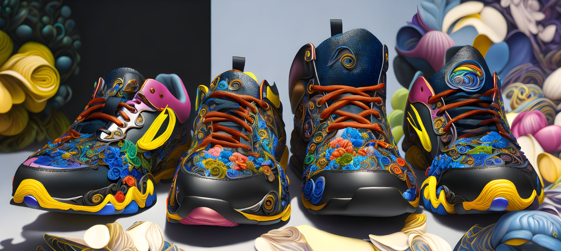 Colorful High-Top Sneakers with Floral Motifs on Abstract Background