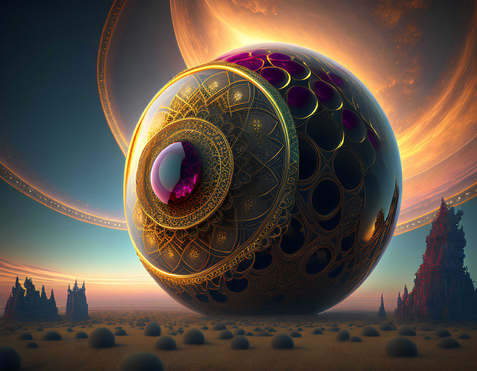 Surreal landscape with ornate spherical object under alien sky