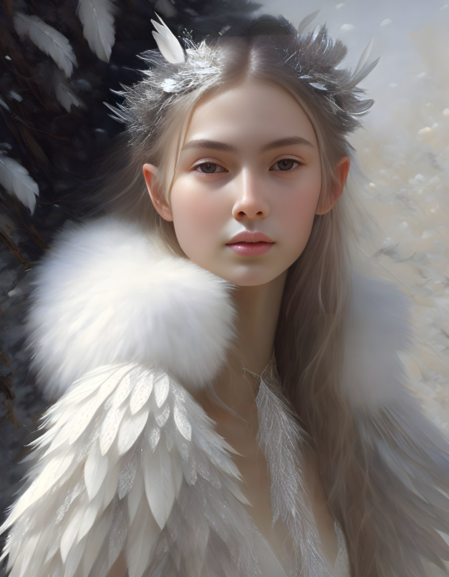 Ethereal digital art portrait of a woman in feathered attire and icy crown