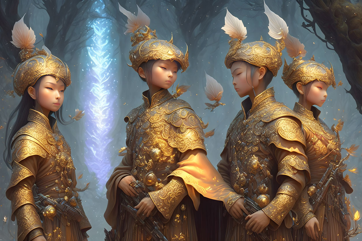 Golden-helmeted armored trio by glowing tree in enchanted forest