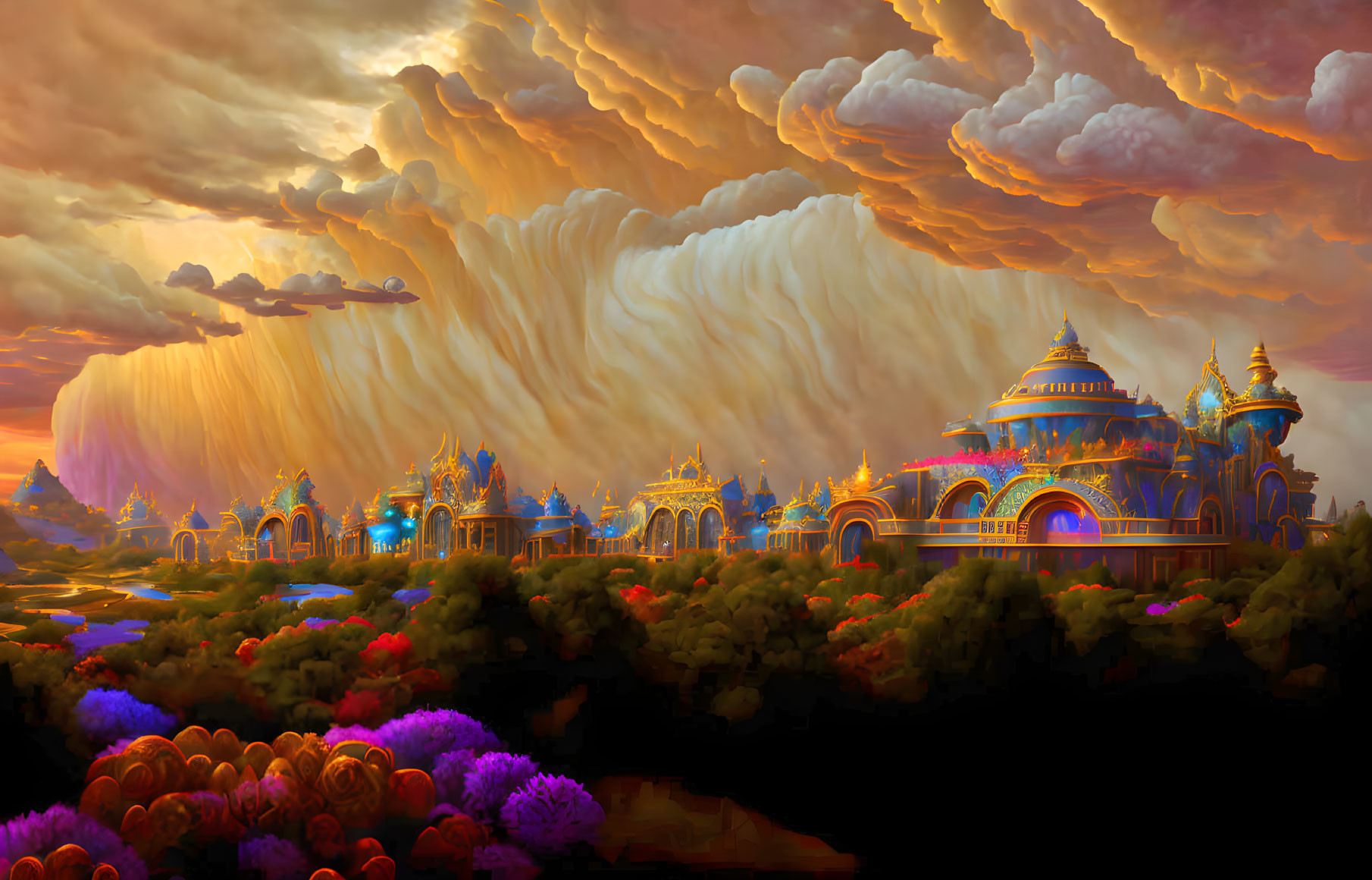 Fantastical landscape featuring ornate palace and lush gardens under vibrant sky