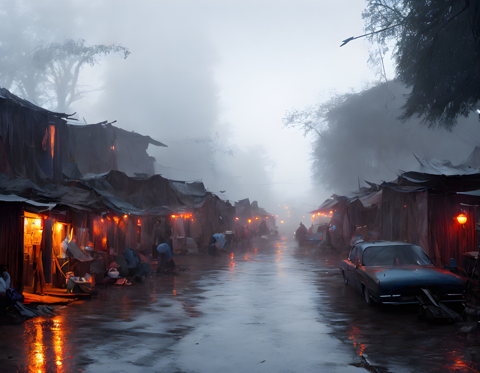 Dimly Lit Shantytown at Twilight with People and Old Cars