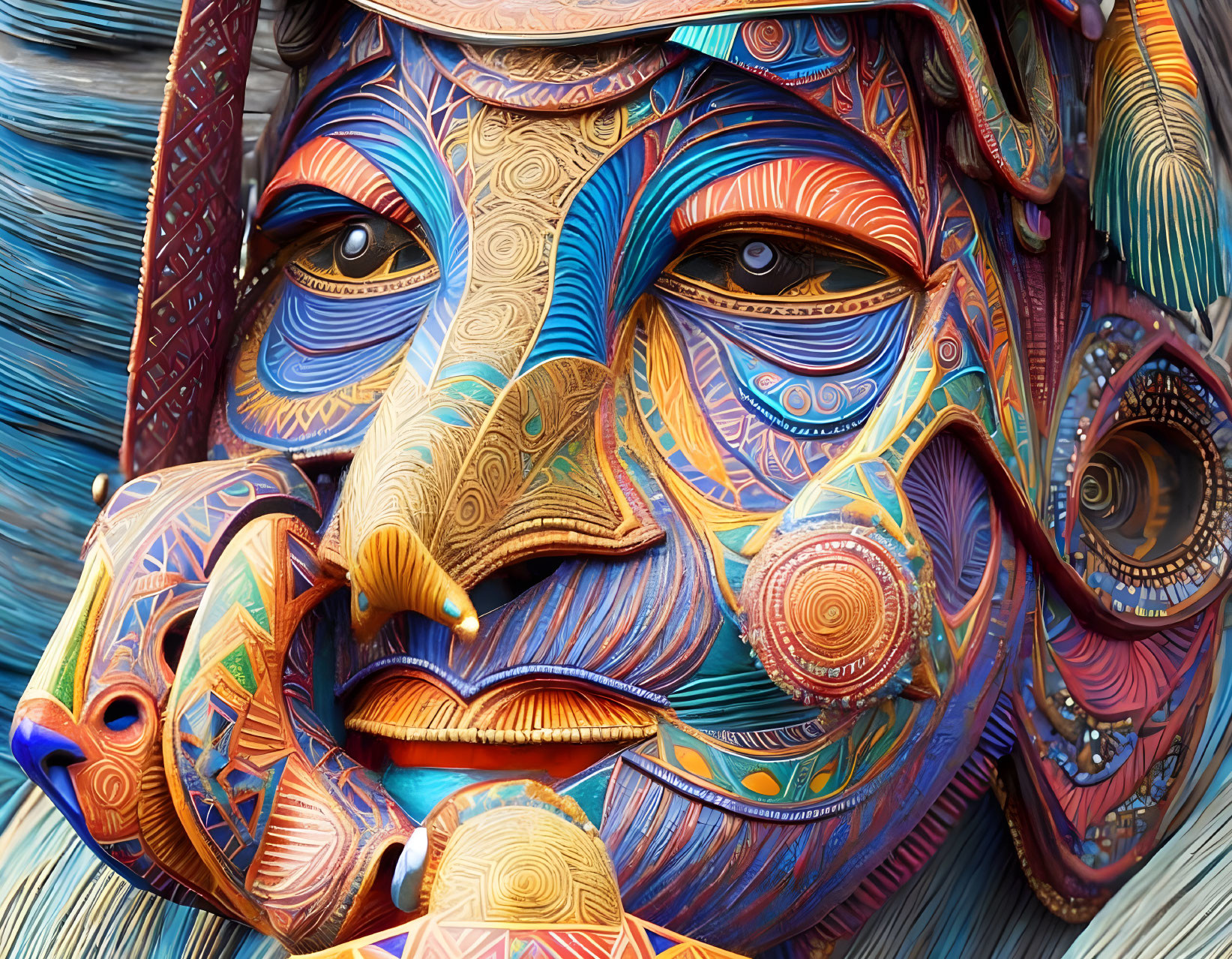 Vibrant artwork of stylized face with intricate patterns in warm tones