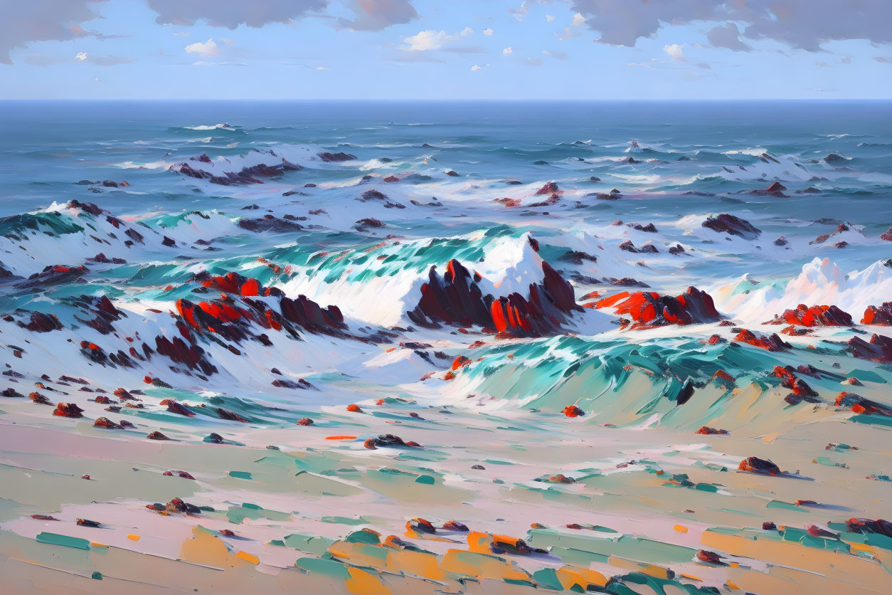 Vibrant painting of tumultuous sea waves crashing against rocky shores under cloudy sky