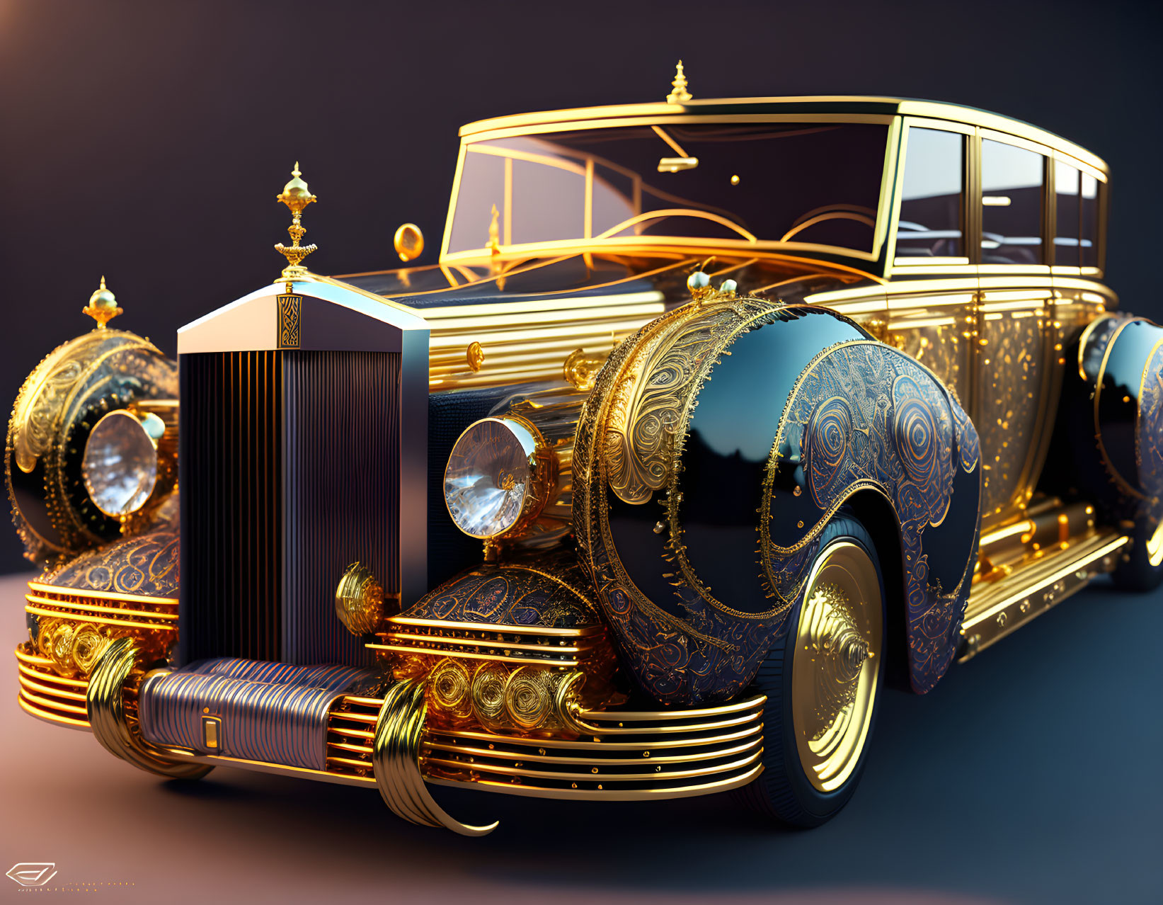 Vintage Car with Golden Patterns and Classic Design