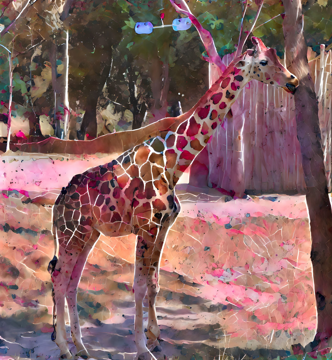 Giraffe in Pink Abstract Forest with Sunlight Filtering