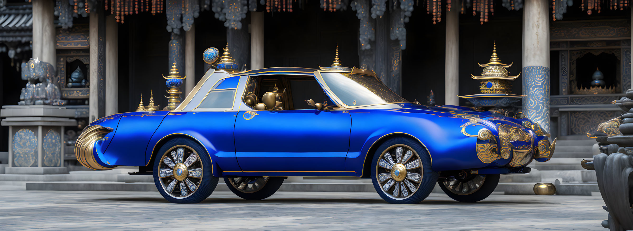 Luxurious Blue Car with Golden Accents in Asian Temple Courtyard