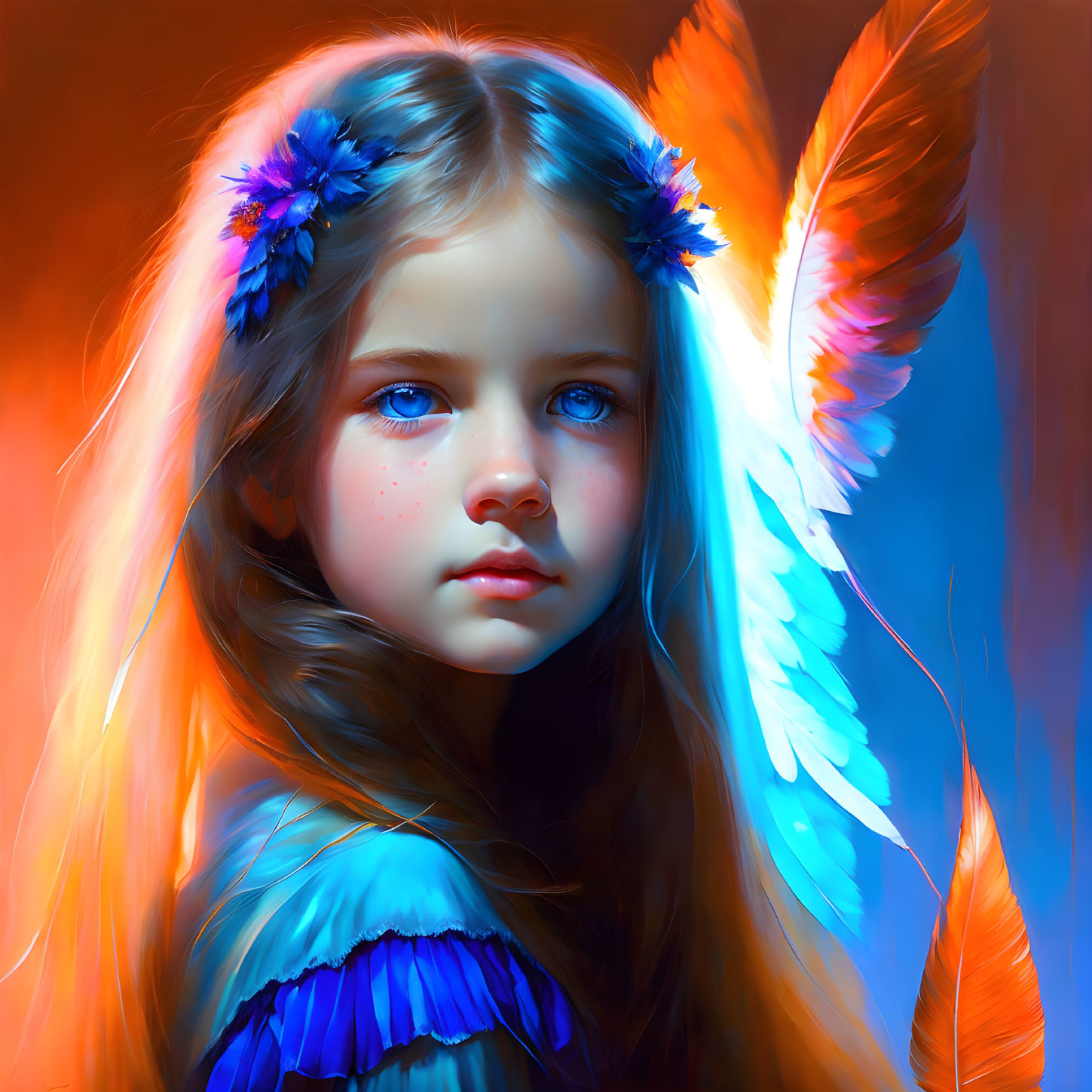 Digital Art: Young Girl with Striking Blue Eyes and Blue Flowers, Orange & Blue Wings