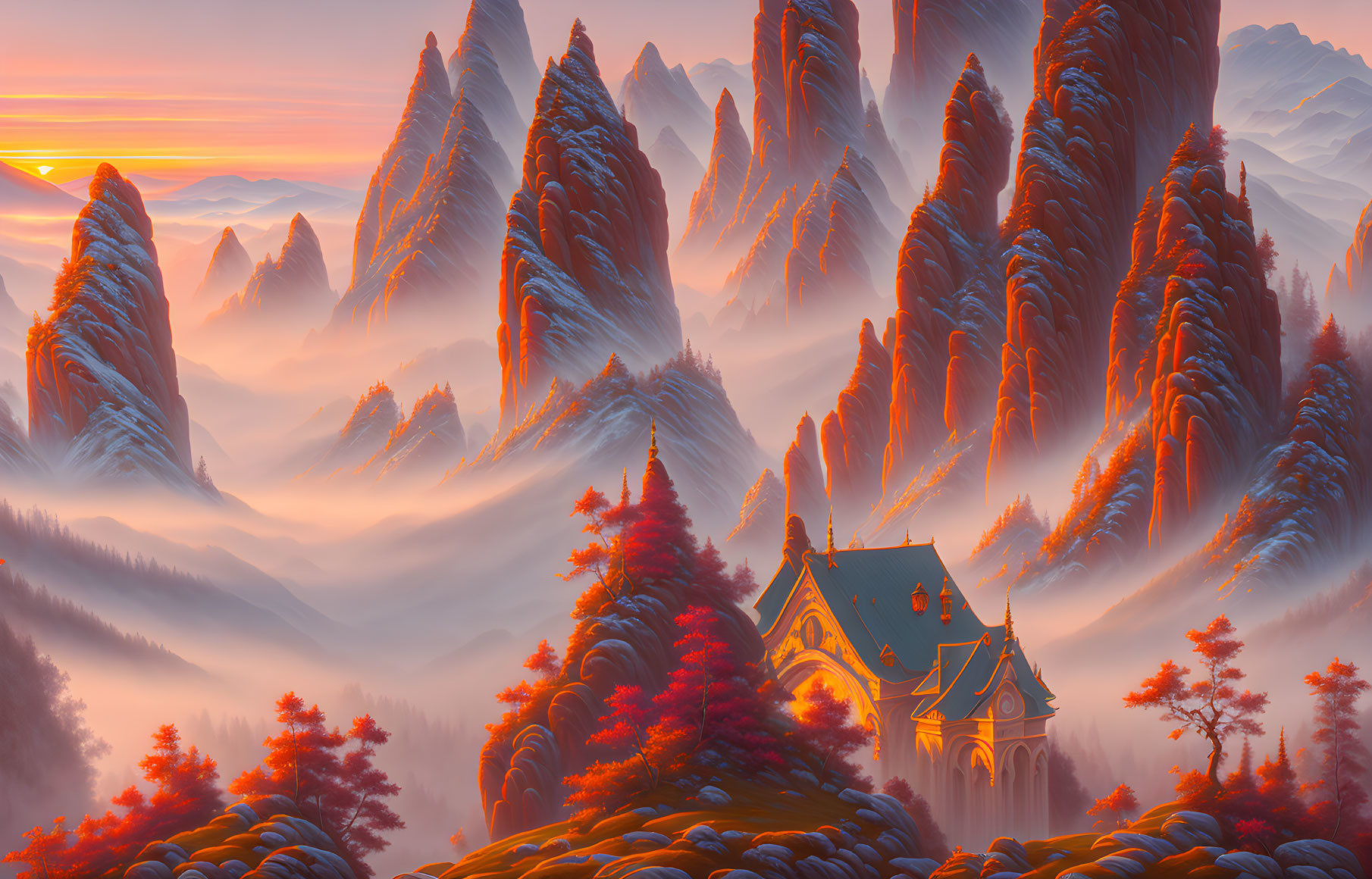 Fantasy landscape: Golden-roofed castle, pine-covered spires, warm sunrise, misty