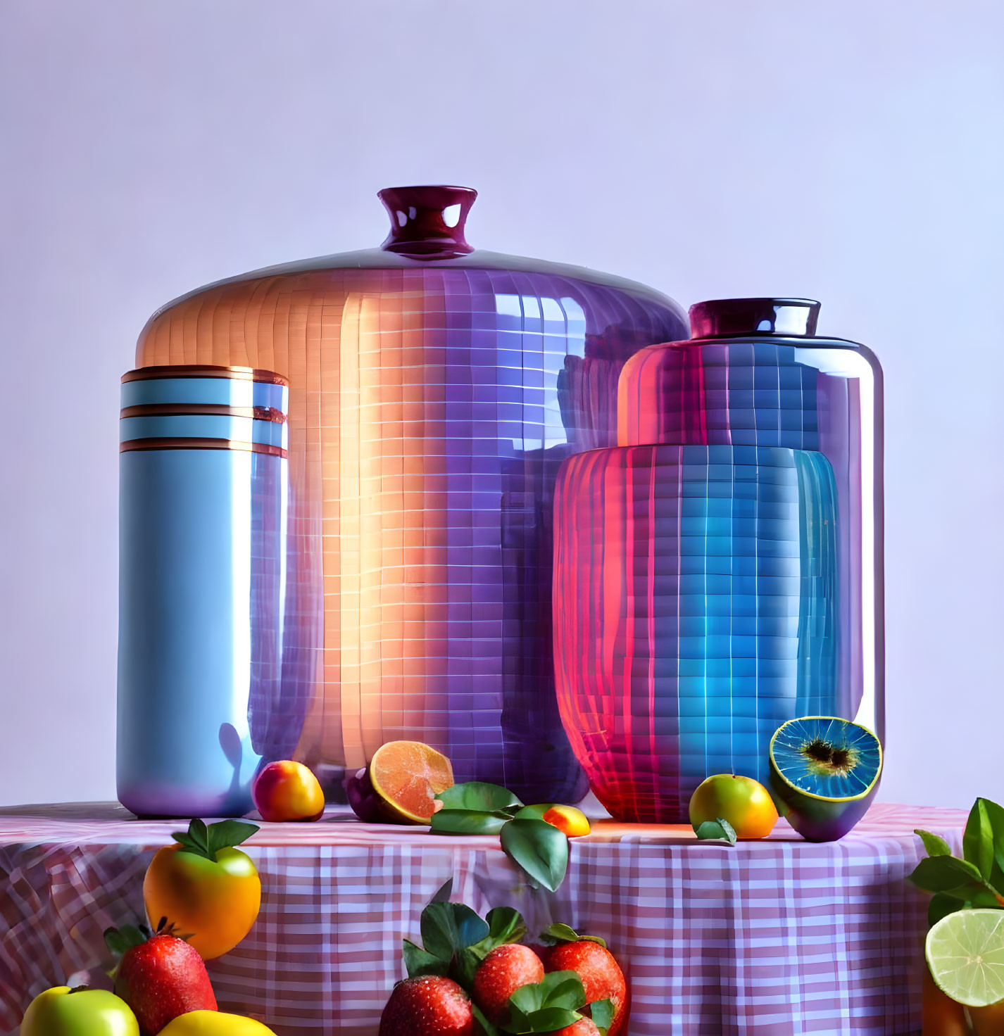 Colorful Reflective Canisters with Assorted Fruits on Table