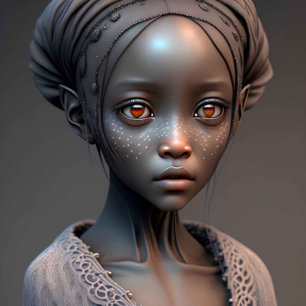 Stylized digital artwork of a female figure with dark skin, orange eyes, and lace garment