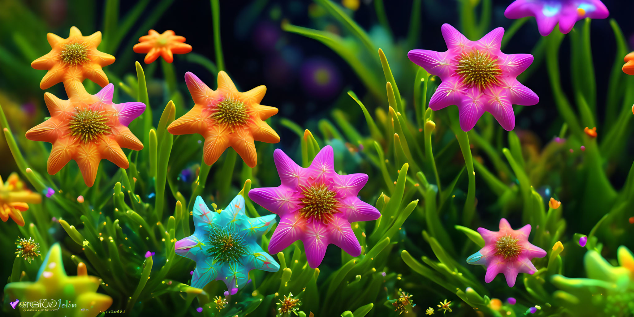 Colorful digital artwork of meadow flowers in orange, pink, and blue