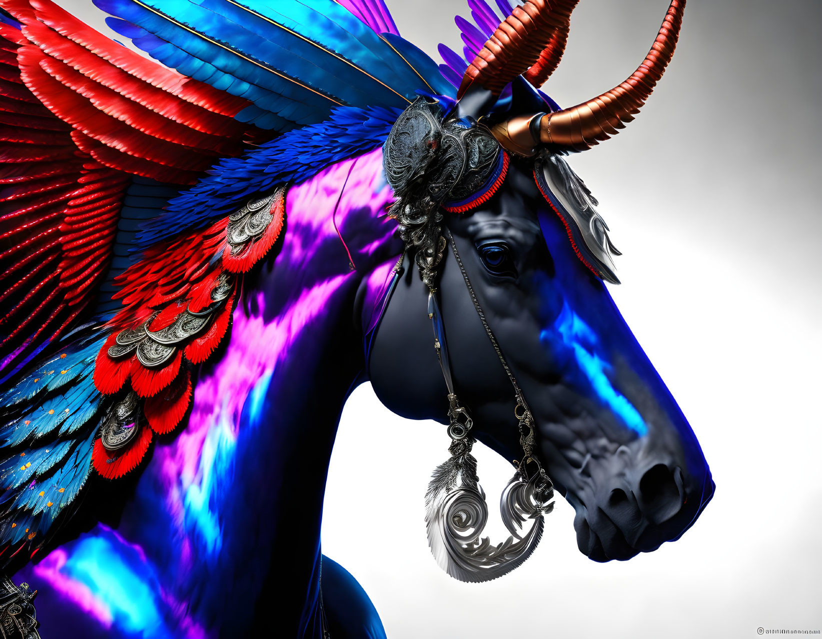 Colorful Horse with Red Wings and Ornate Jewelry