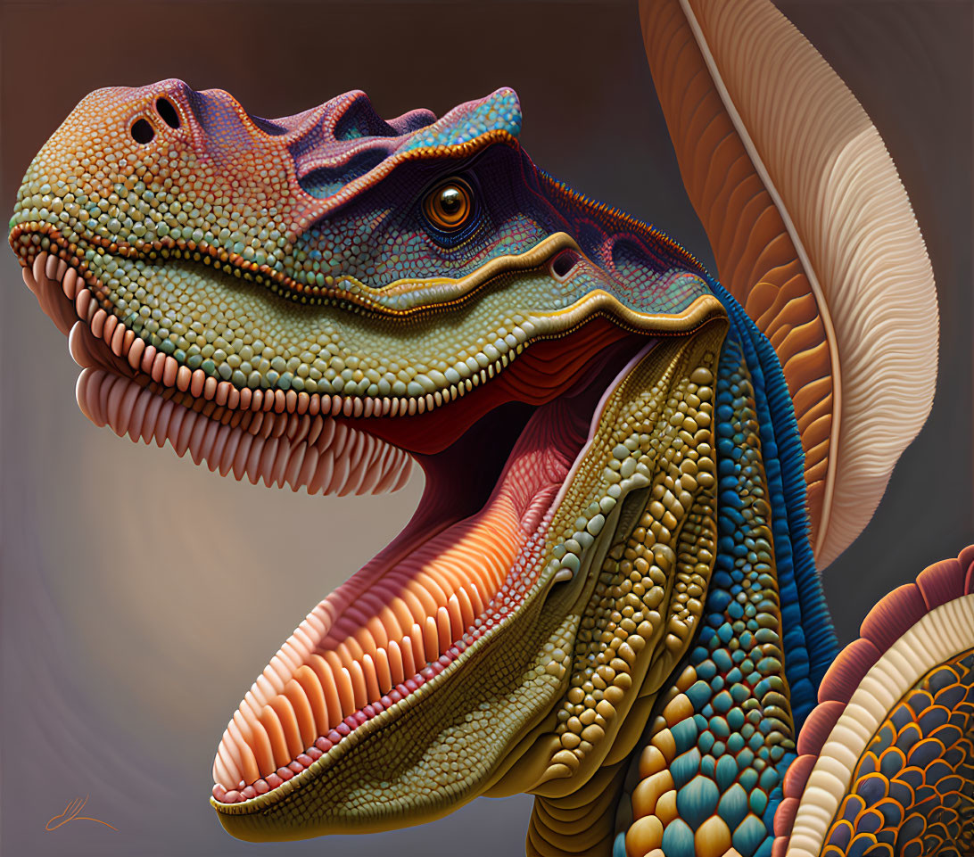 Detailed Dinosaur Illustration with Vibrant Scales and Feathers