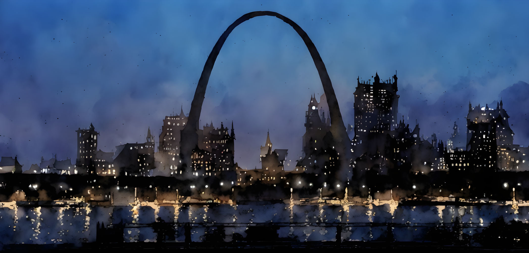 Watercolor City Skyline at Dusk with Iconic Arch