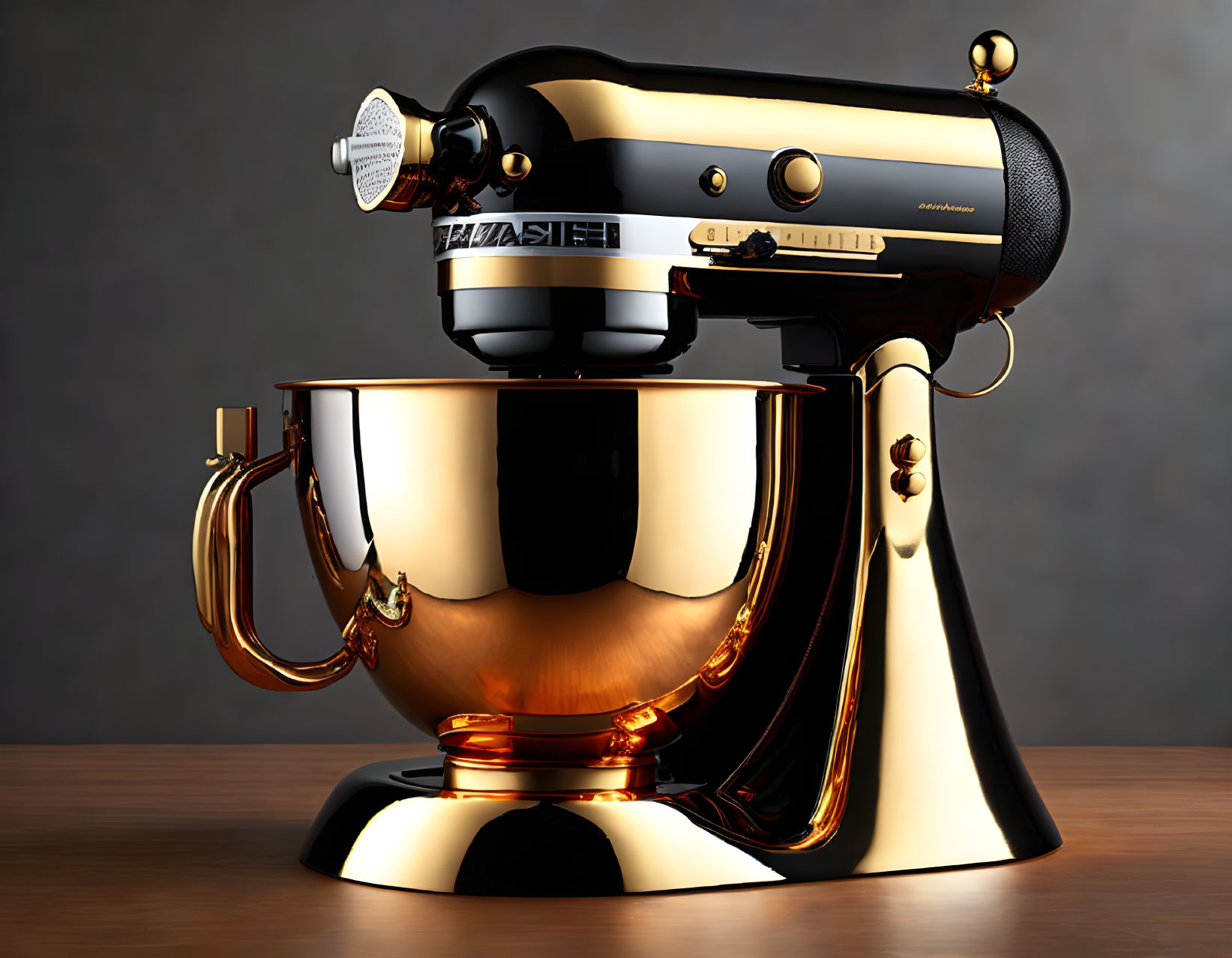 Black and Gold Kitchen Stand Mixer on Wooden Table