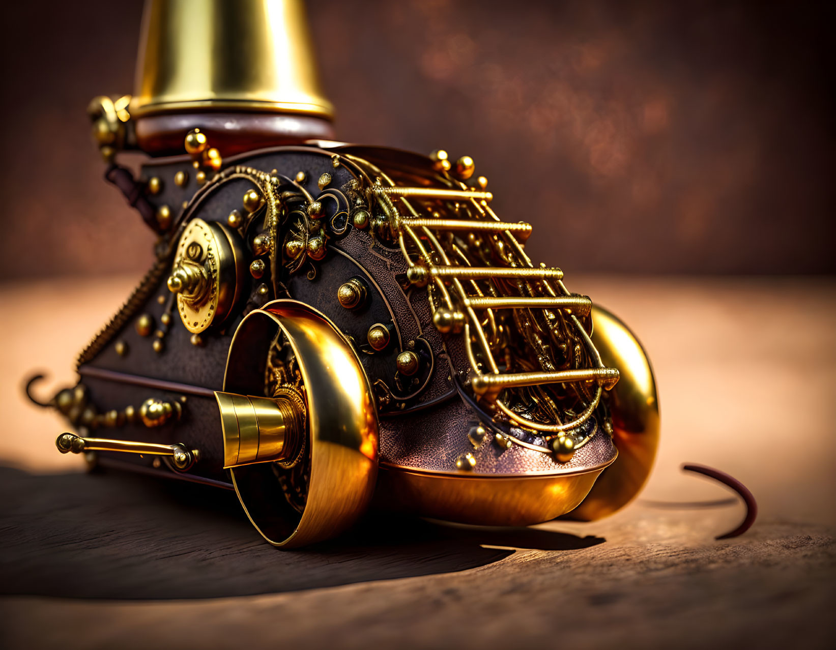 Steampunk Brass Helmet with Gears and Pipes on Wood Surface