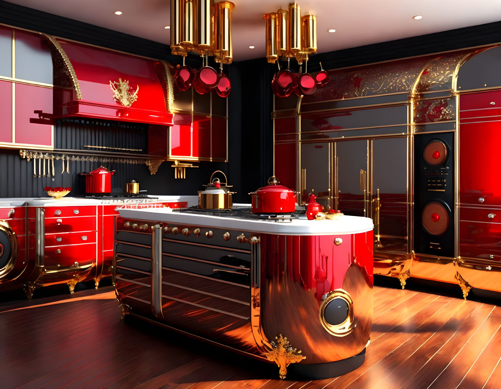 Stylish kitchen with red and chrome cabinetry, golden accents, and modern appliances